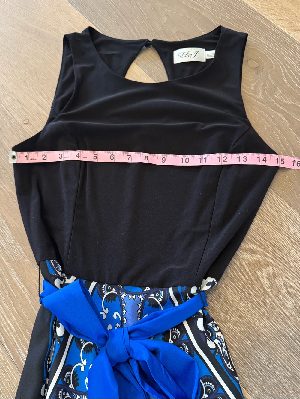 Eliza J Blue Scarf-Print Maxi Dress with Black Bodice and Blue Waist Tie - Picture 5 of 9